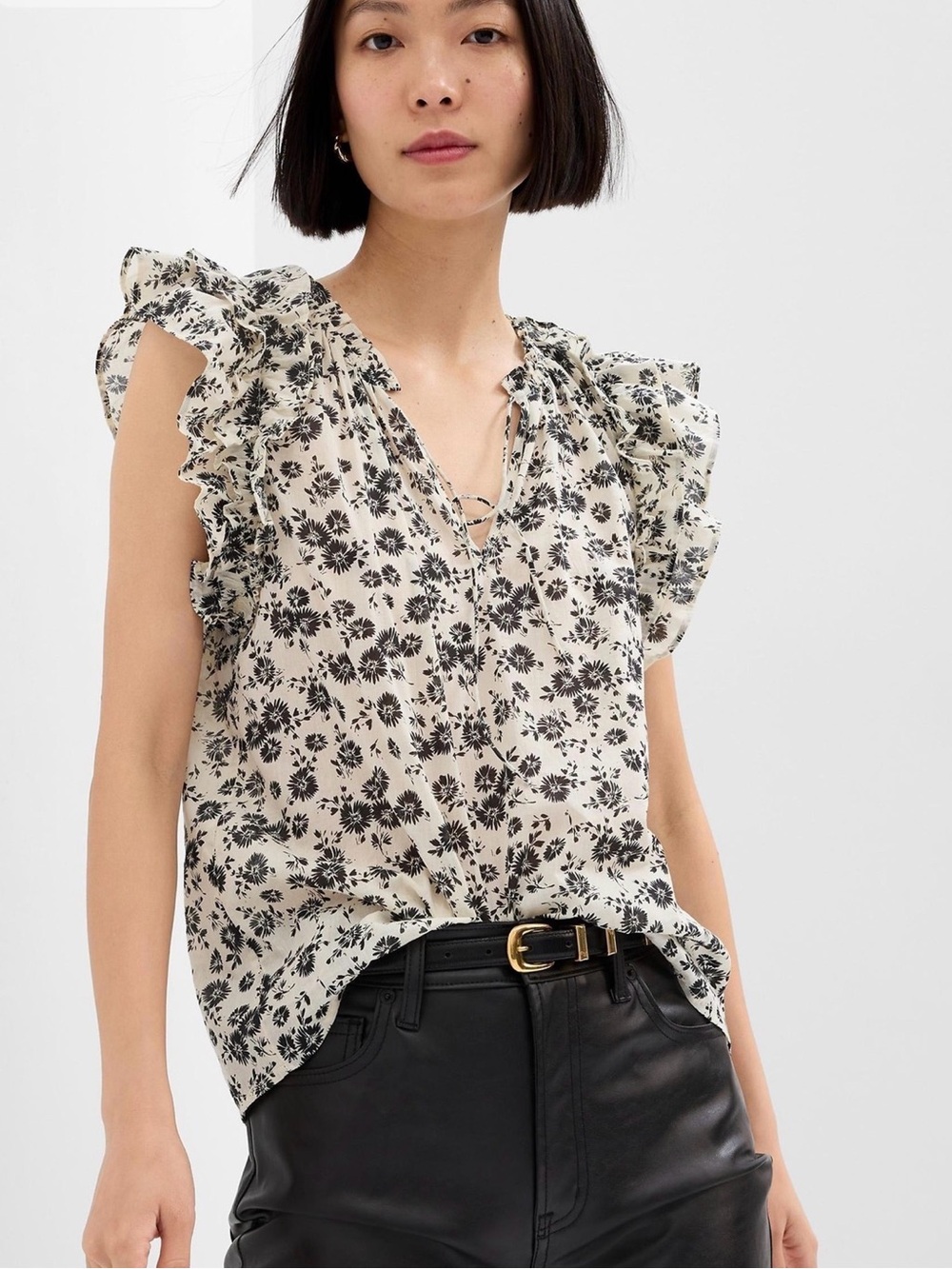 Black & White Floral Print Relaxed Ruffle Top | Women’s XL | NWT